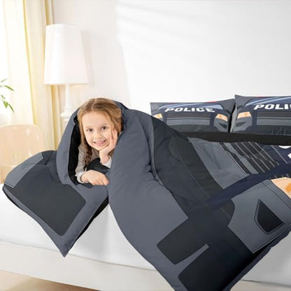 Feelyou Police Car Comforter Set King Size Automobile Bedding Set for Kids Boys Girls Policeman Vehicle Duvet Quilt Bedroom Decor Microfiber 3 Pcs with 2 Pillow Cases