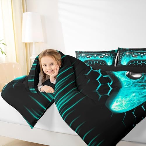Erosebridal Ombre Art Honeycomb Gamer Bedding Set Teal Neon Lights Game Consoles Twin Bedding Sets for Boys Geometry Hexagon Beehive Down Comforter Gaming Decor for Boys Bedroom Decor