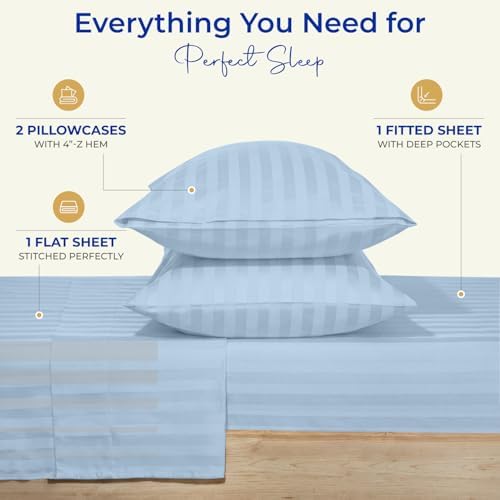 THREAD SPREAD Egyptian Cotton Sheets King Size - 1000 Series High Thread Count Cotton King Size Sheets Set (4 PC, Light Blue - Stripe), 16" Snug Fit Deep Pocket, Sateen Ultra-Soft Hotel Luxury Sheet