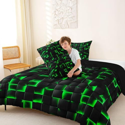 Erosebridal Neon Black Green Boys Comforter Set Twin Size Geometric Checkered Bedding Set for Kids Teen Men Gaming Room Decor,Abstract Ombre Plaid Comforter Grids Quilt Duvet