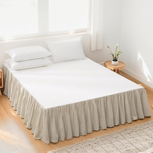 FALUCA Soft Cozy French Linen Bed Skirt with Pleated Frills - 14" Tailored Drop Dust Ruffle for Farmhouse & Modern Bedrooms, Breathable Linen-Cotton Blend, Easy-Fit Bedding (14" Queen, Linen)