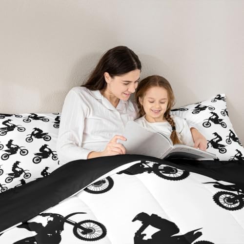 Feelyou Dirt Bike Bedding Set Soft for Boys Girls, Motocross Rider Comforter Set Toddler Sporty Silhouette Design Duvet Quilt Outdoor Sports Bedroom Decor Motorcycle Art 2 Pcs with 1 Pillow Cases