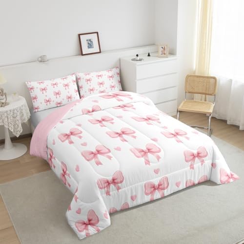Feelyou Bow Bedding Set for Kids Girls Woman King Size Bow Decor Comforter Set Ultra Soft Cute Coquette Bow Knot Comforter Love Heart Pattern Duvet Quilt Bedroom Decor Bowknot Quilt