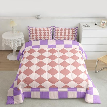 Feelyou Checkered Geometric Comforter Set All Season Pink Purple Plaid Bedding Set with 2 Pillow Cases Checkerboard Modern Aesthetic Kids Full Bedclothes Reversible Grey Bedroom Decor Duvet Quilt