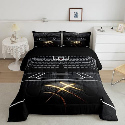 Black Golden Line Basketball Comforter Set Queen Size,3D Basketball Court Bedding Set for Kids Boys Teens Men Room Decor,Sports Games Theme Quilt Set Fashion Cool Duvet Insert,2 Pillowcases