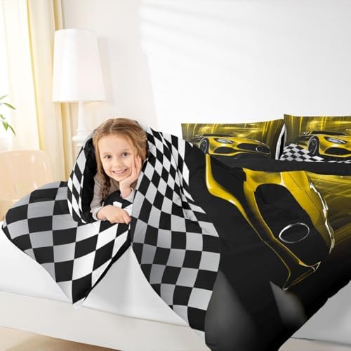 Erosebridal Yellow Race Car Comforter Set for Child Boys,Glitter Ombre Line Art Bedding Set Neon Light Sports Car Dashboard Quilt Full,Black and White Grid Lattice Buffalo Plaid Decor