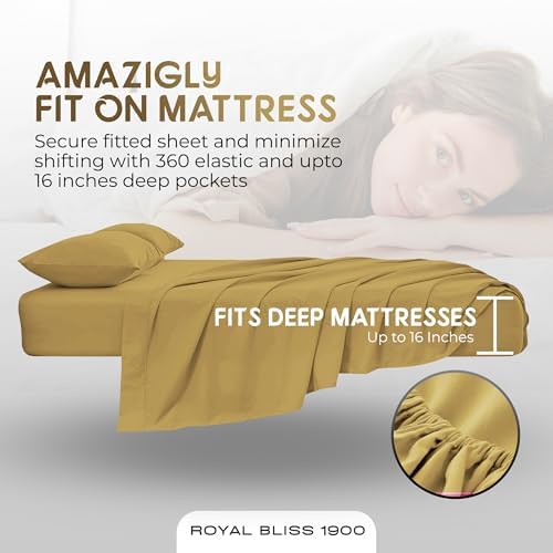 Split King Sheets Set with 2 Twin XL Fitted Sheet - 5 Piece Bedding - Wrinkle Free, Fade Resistant, Double Brushed Microfiber - Deep Pockets/Easy Fit (Gold)