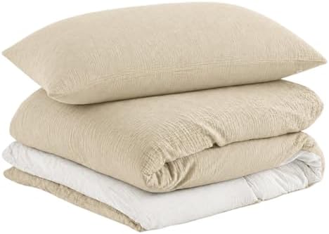 EMME Muslin Cotton Duvet Cover Set Linen Like Beige&White Queen