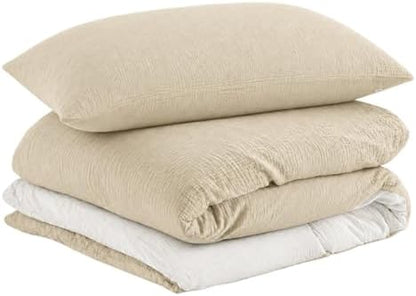 EMME Muslin Cotton Duvet Cover Set Linen Like Beige&White Queen