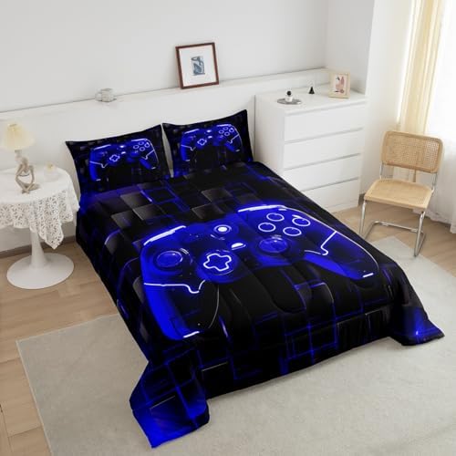 Manfei Modern Gamer Kids Comforter Set King Size, Royal Blue Gaming Bedding Set for Boys Teens Adults Bedroom Decor, Black Videogame Down Comforter, Reversible Gamepad Quilt Set, 2 Pillowcases