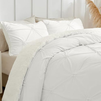 BEDELITE Fluffy Sherpa Queen Comforter Set,Pintuck-White