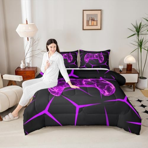 Castle Fairy Gamer Kids Comforter Set,Gaming Honeycomb Purple Bedding Set All Season,Gamepad Game Controller Comforter 2 Pcs with 1 Pillowcase,Toddler Size