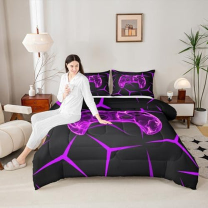 Castle Fairy Gamer Kids Comforter Set,Gaming Honeycomb Purple Bedding Set All Season,Gamepad Game Controller Comforter 2 Pcs with 1 Pillowcase,Toddler Size