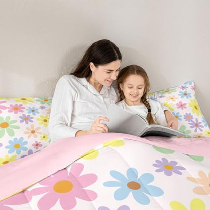 jejeloiu Cute Flower Kids Comforter Set Toddler Size Cartoon Floral Bedding Set Kawaii Duvet Quilt for Kids Boys Girls Bedroom Blossom Flowers Pattern Decor Microfiber Ultra Soft Breathable