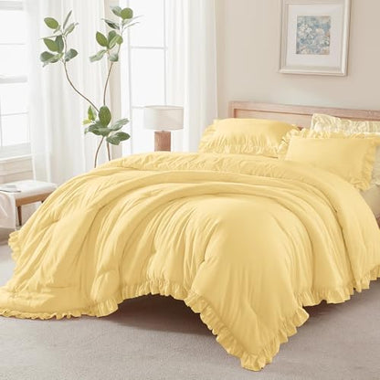 Andency Yellow Comforter Set Full Size, 3 Pcs Solid Ruffle Vintage Bedding