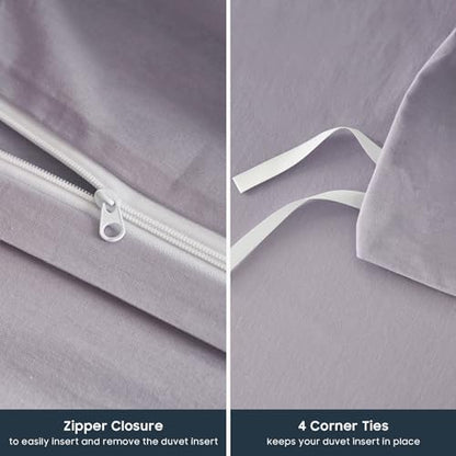 Wake In Cloud - Cotton Duvet Cover Set, 100% Washed Cotton, Linen Like Textured, Breathable Durable Comfy Farmhouse Neutral Bedding Set, 3 Pieces, Light Purple, Queen Size