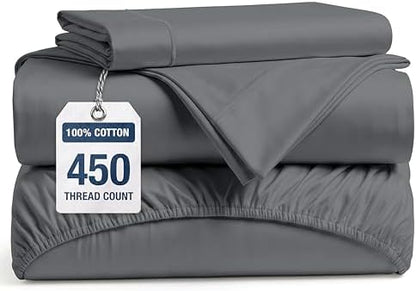 450TC 100% Cotton Twin XL Sheets - Silky Smooth Sateen Weave, Charcoal