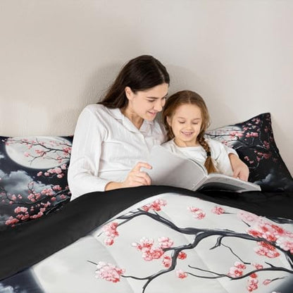 Pink Sakura Kids Comforter Set Twin Size,Cherry Blossom Moonlight Cloud Moon Bedding Set,Girls Boys Room Decor,Ukiyoe Japanese Romantic Quilt Comforter,Vintage Chic Duvet Insert,1 Pillowcase