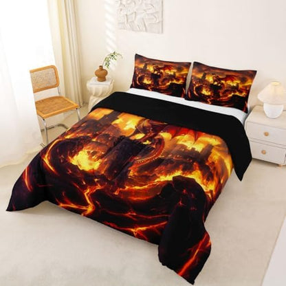 Feelyou Dragon Kids Comforter Set King Size Flame Dragon Bedding Set Fantasy Animal Duvet Quilt for Kids Boys Girls Bedroom Magical Beast Decor Wild Animal Microfiber Ultra Soft Breathable
