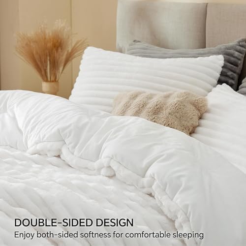 BEDELITE Fleece Oversized Queen Comforter Set, Fluffy Bed Set, Bright White