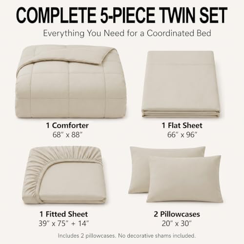 CozyLux Twin Comforter Set Beige - 5 Pieces Bed in a Bag