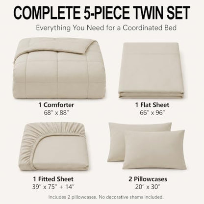 CozyLux Twin Comforter Set Beige - 5 Pieces Bed in a Bag