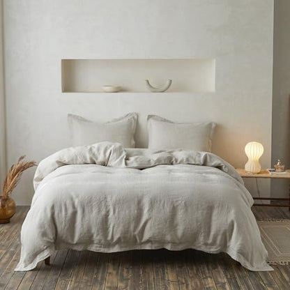 Simple&Opulence 100% Linen Duvet Cover Set with Crossed Embroidery Washed - 3 Pieces (1 Duvet Cover with 2 Pillow Shams) Soft Breathable Farmhouse - Linen, Queen Size
