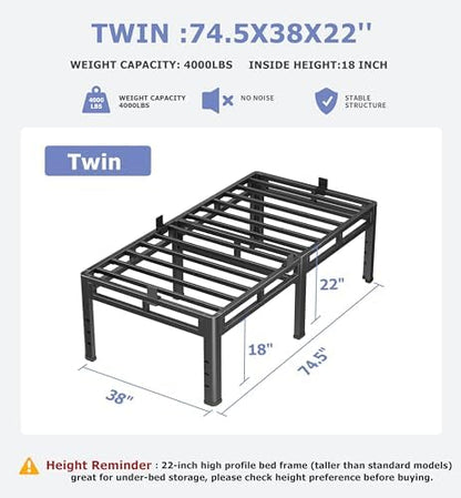 NKZ Twin Size Metal Platform Bed Frame, 22 Inch Dual-Layer Heavy Duty Base