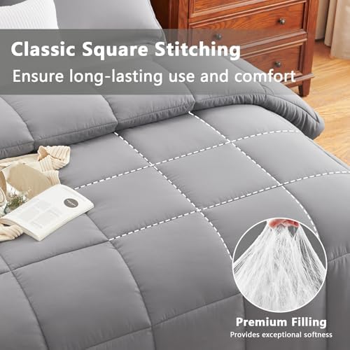 CozyLux Queen Size Comforter Set, 3-Piece Box-Stitched, Grey