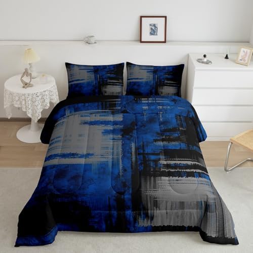 Kids Blue Grey Black Bedding Set Toddler Size Abstract Duvet Quilt for Boys Girls Bedroom Decor Geometric Comforter Set Breathable Soft Lightweight Microfiber Women Men Modern With 1 Pillow Case