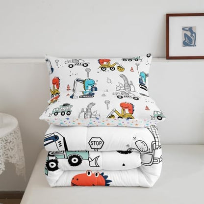Feelyou Kids Construction Comforter Set Cartoon Dinosaur Bedding King Size Tractor Vehicle Truck Comforter for Boys Girls Jungle Dino Quilt Set Yellow Blue Soft