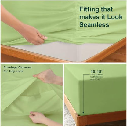 NON Sticky cotton Twin 4 Piece Sheet Set, 100% Long Staple Cotton, Soft Cooling Hotel Luxury Bedding Sheets, Deep Pocket Fits 10" to 18" Mattress, 39" x 75", Sage Solid