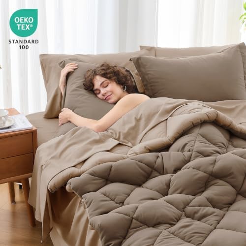 MUXHOMO 7 Pieces King Comforter Set, Reversible Bed in a Bag King Size, All Season Bedding Set with Comforter, Flat Sheet, Fitted Sheet, Pillowcases & Shams, Light Brown & Dark Linen