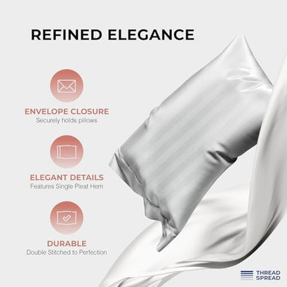 THREAD SPREAD Egyptian Cotton Sheets King Size - 1200 Series Plush Collection Damask Sheet Set Egyptian Cotton (4 PC, Silver Grey Stripe), Luxury Sheet King Size, Soft, Cooling Deep Pocket Sheets