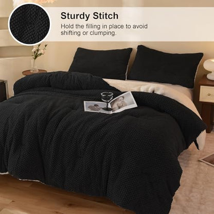 LLanCL 3D Jacquard Design Comforter Set, Ultra-Soft Warm Twin Size Sherpa Fur Plush 2-Pieces Sets Luxury Cozy Bedding with 1 Pillowcase (68"x90", Black)