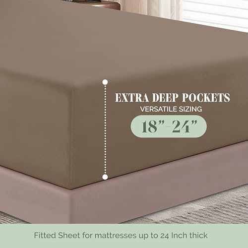 Elegant Comfort 1500 Premium Hotel Quality 18-24 Inches Deep - Extra Deep Pocket Single Fitted Sheet for High Mattress, Luxury and Softest, Smart Pocket - Wrinkle Free, California King, Taupe