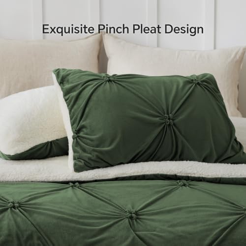 BEDELITE Fluffy Sherpa Queen Comforter Set,Pintuck-Olive Green