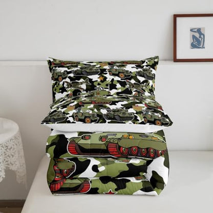 Manfei War Theme Comforter Set King Size, Army Aircraft Tanks Down Comforter with 2 Pillowcases, Retro Green Camouflage Bedding Set 3pcs for Kids Boys Teens Room Decor Lightweight Duvet Insert