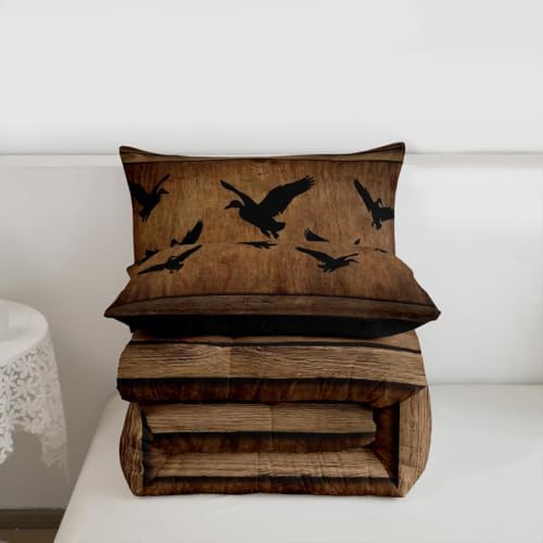 Manfei Cute Mallard Comforter Set Twin Size,Rustic Farmhouse Brown Wooden Bedding Set 2pcs,Fishing and Hunting Down Comforter for All Season,Kids Boys Girls Room Decor,1 Pillowcase,No Sheets