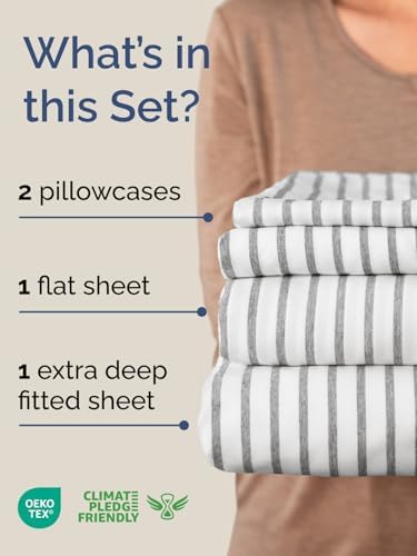 Extra Deep Queen Sheet Set - 4 Piece Breathable & Cooling - Grey Stripes