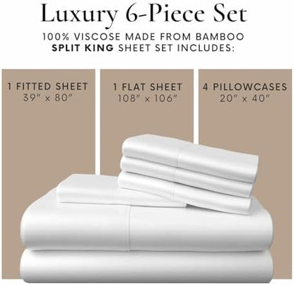 Bamboo Bay 7 Piece Split King Size Sheet Set, 100% Viscose Made from Bamboo, Breathable, Ultra Soft Cooling Bed Sheets for Adjustable Beds, Beddings with Deep Pockets Fit 16" Mattress, White
