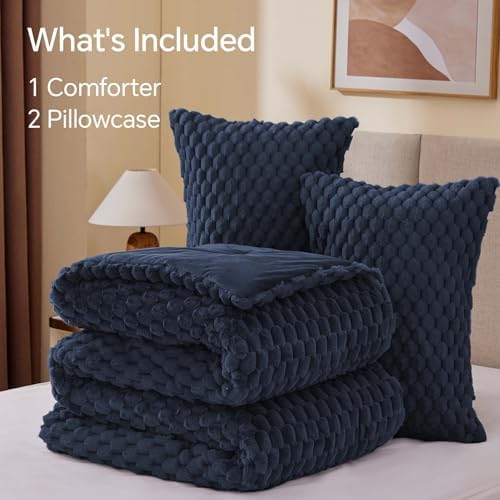 BEDELITE Fluffy Cal King Comforter Set, Navy Fleece Bed Set 3 Pieces