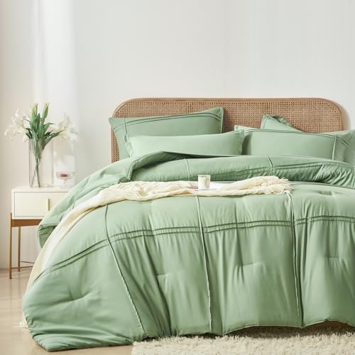 Yogeneg King Size Comforter Set 7 Piece Bed in a Bag,Grid Pinch Pleat Sage Green Bedding Set,Striped Textured Soft Microfiber Comforter with Sheet Set,All Season Complete Bed Set(Sage Green,King)