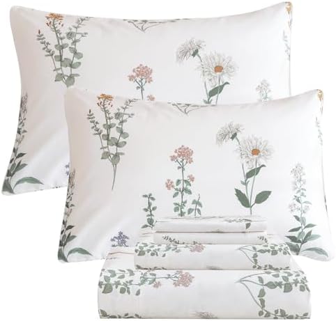 QSH Floral King Size Sheet Sets - 100% Egyptian Cotton Floral Bedding Sheets Flower Pattern Printed Bedding King Size Bed Sheets 17.5" Extra Deep Pocket 4pcs