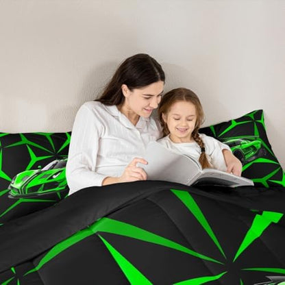 Castle Fairy Extreme Sport Theme Green Racing Car Comforter Set Full Size,Abstract Geometric Lines Duvet Sets for Kids Teens Adults Bedroom Decor,Race Car Microfiber Soft Bedding Comforter,3 Pcs