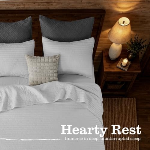 DOWN HOME Twin Quilt Bedding Set with Sham, Vintage Washed Soft Quilted Blanket Thin Comforter Lightweight Bedspread Coverlet Bed Cover, Brushed Microfiber Stripe Stitching, Snow White, 66"x92"