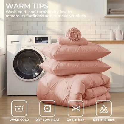 Sasttie Twin Comforter Set, 5-Piece Bed in a Bag, Pintuck Bedding Sets for All Season, Includes Comforter, Flat Sheet, Fitted Sheet, Pillowcase and Pillowsham, Blush
