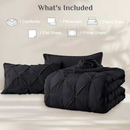 JOLLYVOGUE Twin Comforter Set 5 Pieces - Bed in a Bag Twin for All Season, Pintuck Bedding Comforter Sets with Comforter, Flat Sheet, Fitted Sheet and Pillowcases & Shams, Black