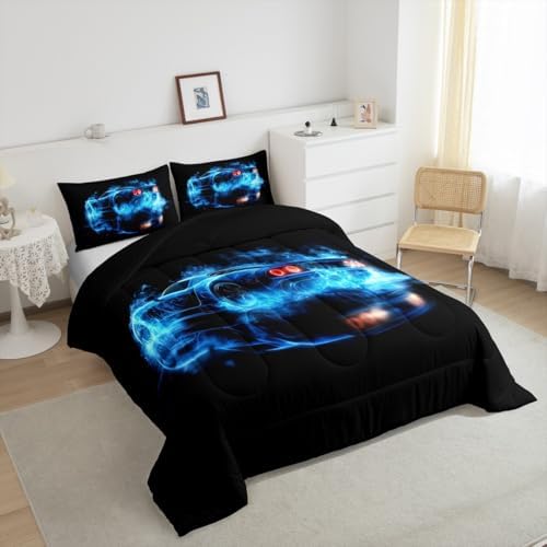 Erosebridal Teal Race Car Comforter Set Toddler Size for Boys Kids,Navy Blue Fire Racing Cars Bedding for Teens Children,Cool Speed Race Sports Car Comforter,Royal Blue Cama De Carro para Niños