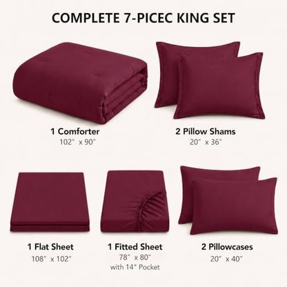 HIMEET King Comforter Set, 7-Piece Point-Quilted Bed in a Bag, Burgundy